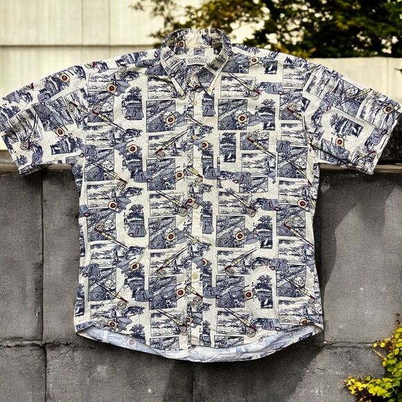 Natural Issue Vintage Fishing AOP Cream Navy Button Front Shirt Men's Size Large - Picture 1 of 9